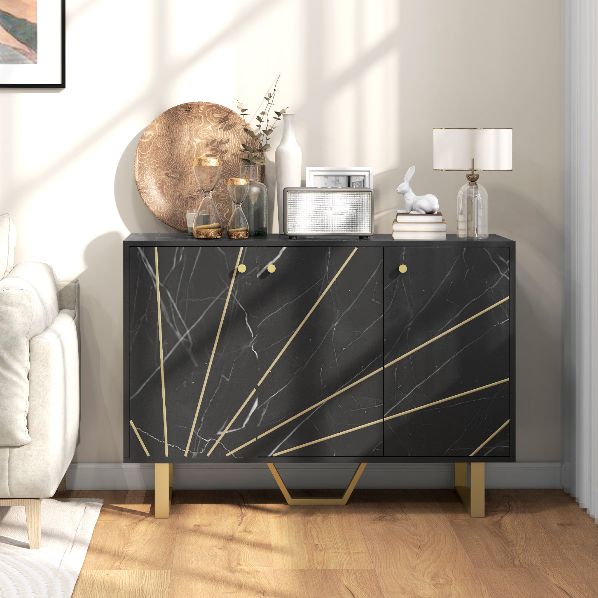 HOMCOM Sideboard Storage Cabinet, Modern Storage Cupboard with Adjustable Shelves and Metal Legs for Living Room, Kitchen, Dining Room, Entryway, Black Marble Tone