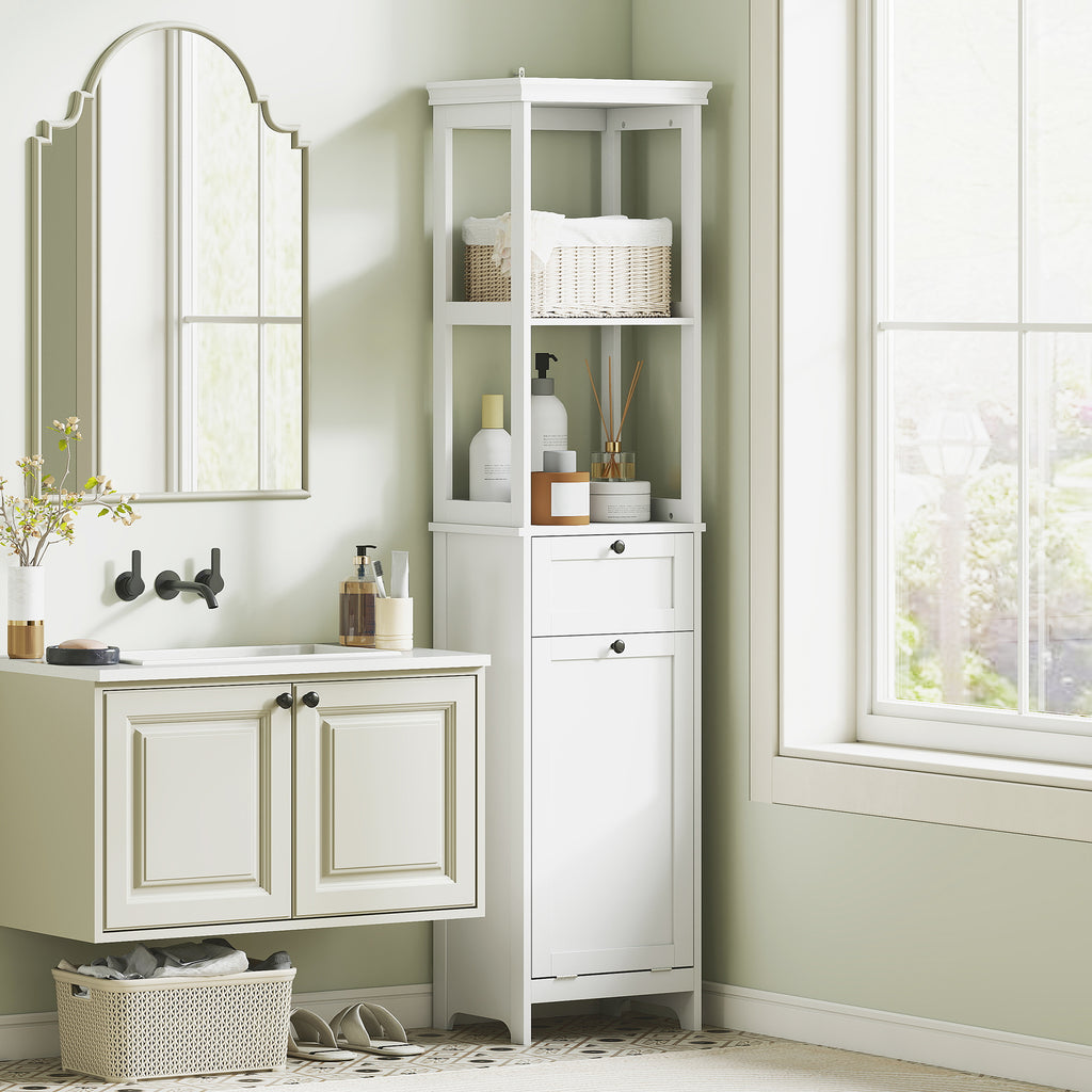 HOMCOM Tall Bathroom Cabinet, with Laundry Basket - White
