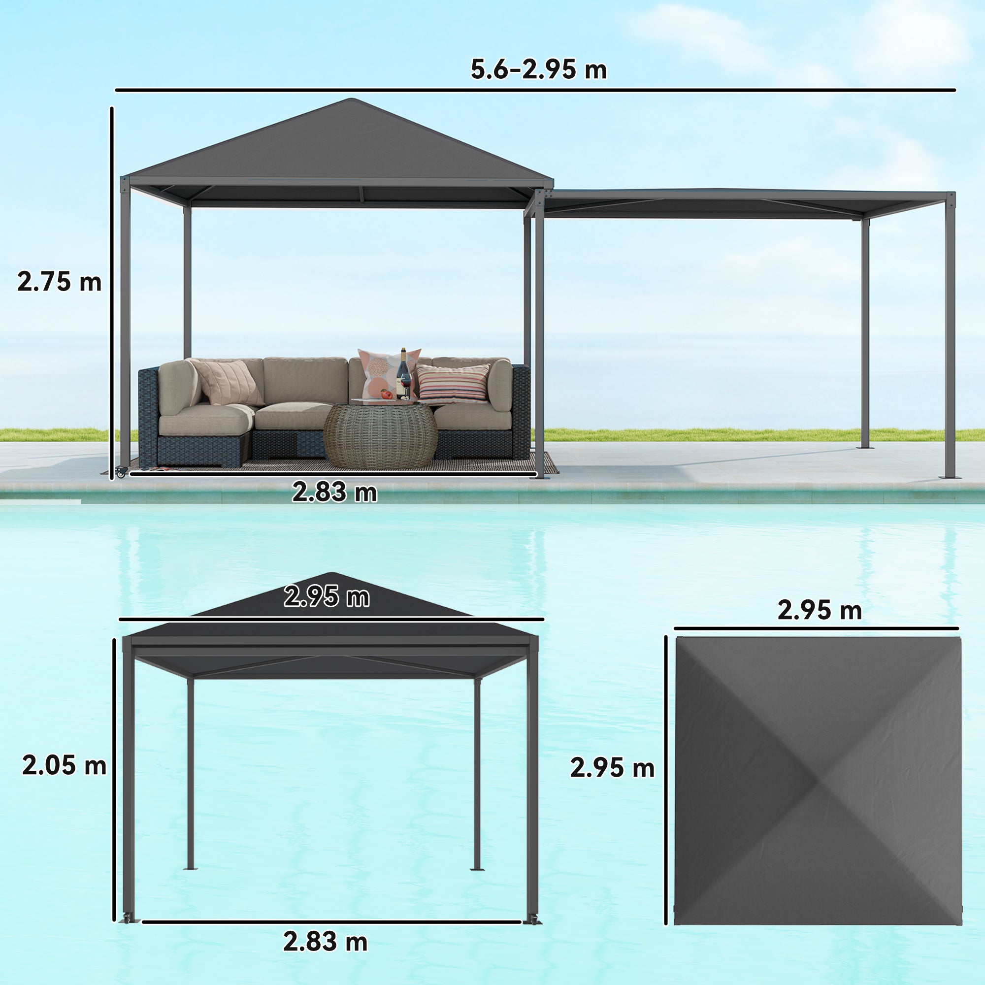 Outsunny 3 x 6m Garden Gazebo with Extendable Awning and Wheels, UPF30+ Metal Gazebo Canopy Shelter for BBQ, Dark Grey
