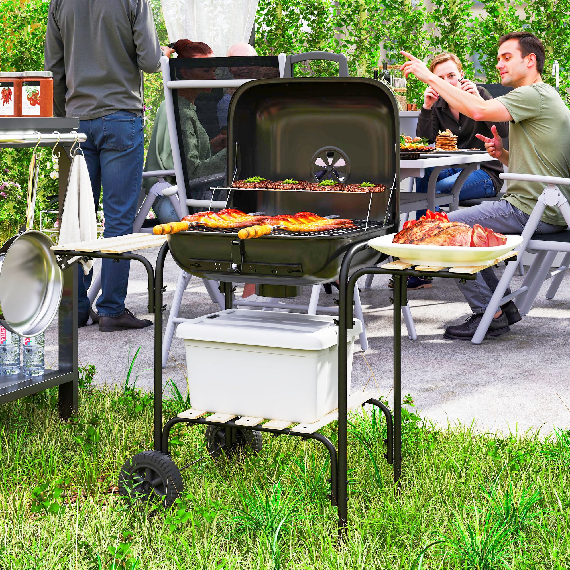 Outsunny Charcoal Barbecue Grill Portable BBQ Grill with 1840 cm² Cooking Area, 3 Shelves, Adjustable Vent, Lockable Lid, Wheels for Outdoor Cooking, Garden Party, Black