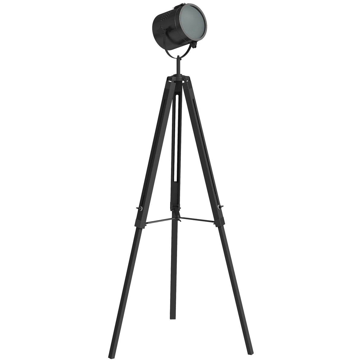 Industrial Tripod Floor Lamp, Nautical Searchlight with Adjustable Height, Wood Legs, E14 Lamp Base for Living Room, Bedroom, Black