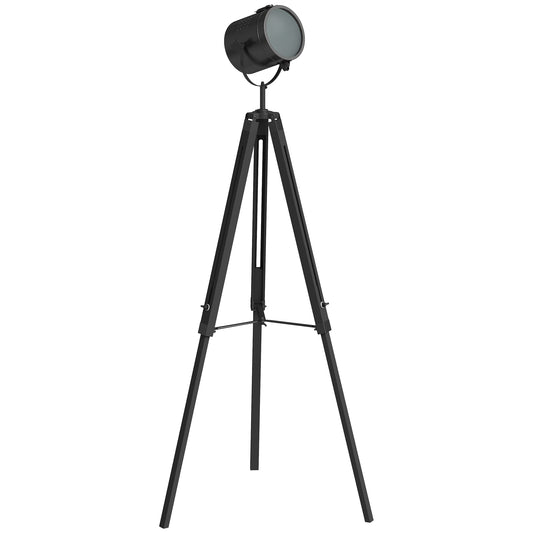 Industrial Tripod Floor Lamp, Nautical Searchlight with Adjustable Height, Wood Legs, E14 Lamp Base for Living Room, Bedroom, Black