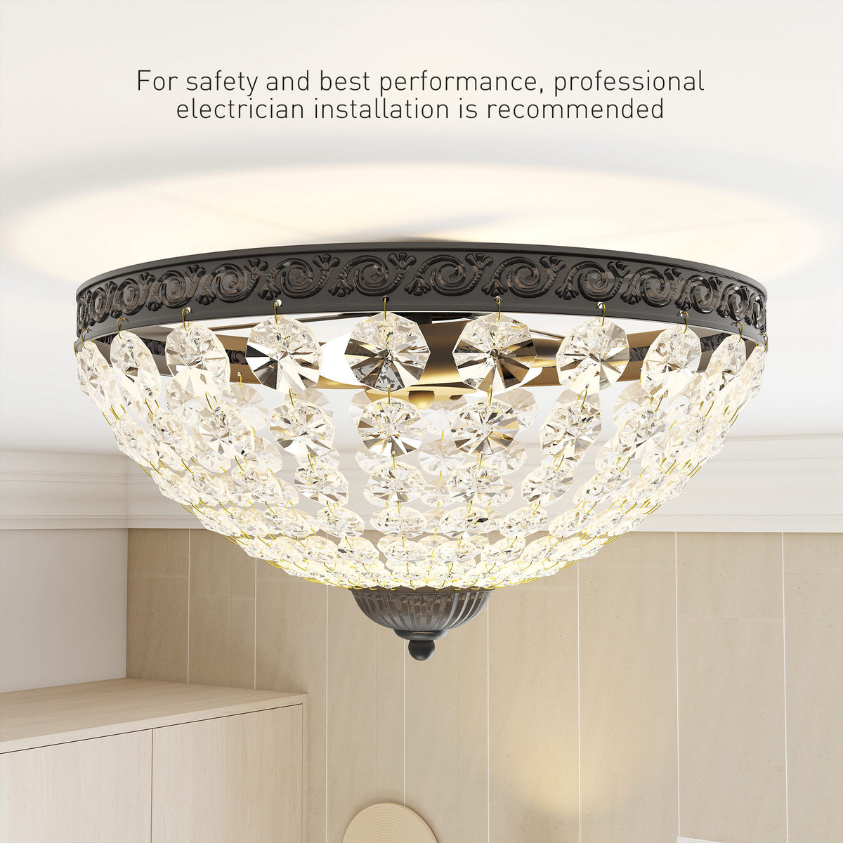 Crystal Chandelier Ceiling Light with 168 Octagonal Beads, Vintage 2-Light Flush Mount Ceiling Light for Living Room, Bedroom, Hallway, Dining Room, Black