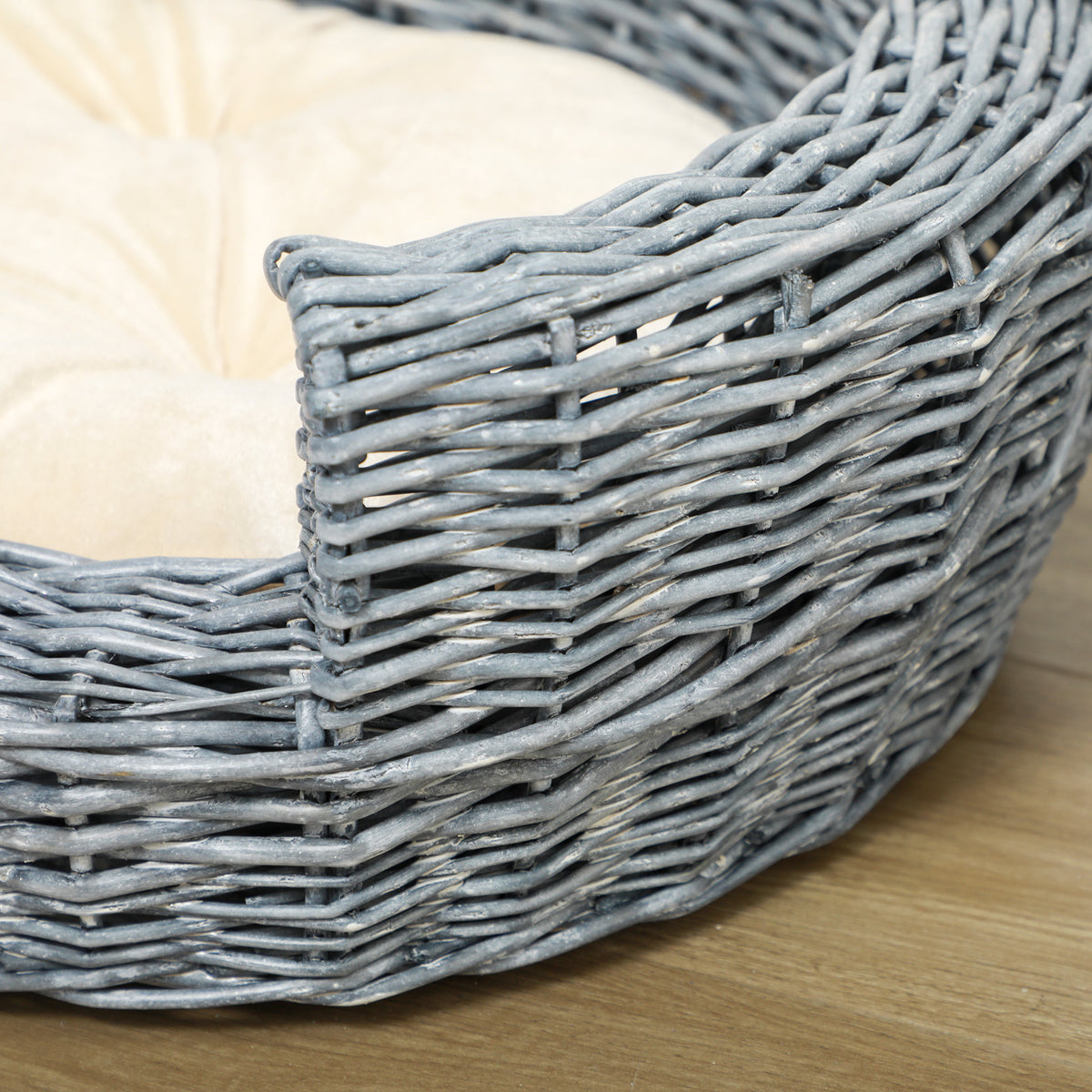 PawHut Wicker Pet Bed Willow Dog Cat Sofa Puppy Basket with Cushion Grey 57L x 46W x 17.5H cm