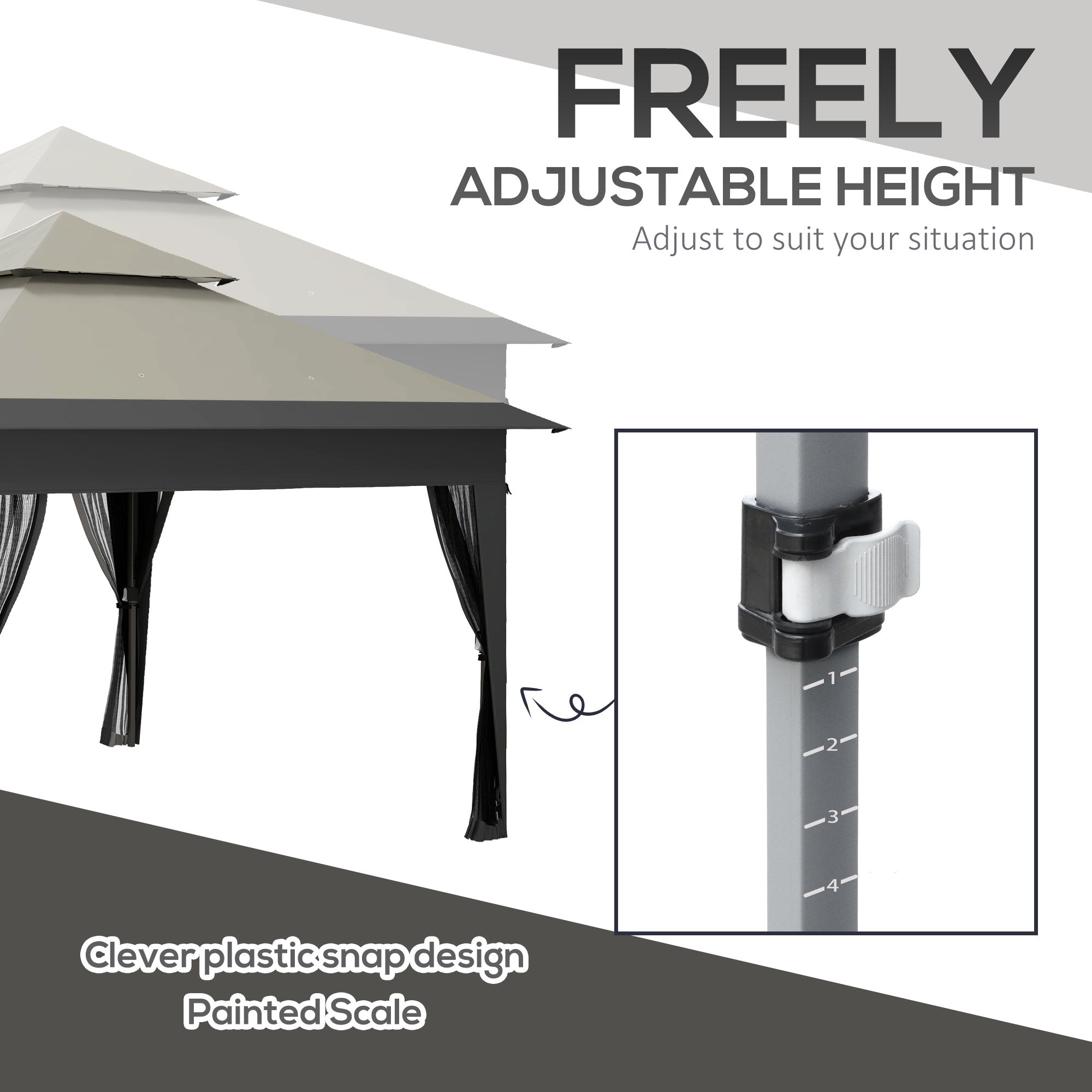 Outsunny 3 x 3(m) Pop Up Gazebo with Mosquito Netting, 1 Person Easy up Marquee Party Tent with 1-Button Push, Double Roof, Carry Bag, Sandbags, Height Adjustable Instant Shelter, Grey