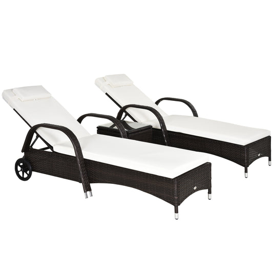 Outsunny Rattan Sun Loungers for Garden Set of 2 with Side Table, Garden Recliner Sunbeds with Adjustable Back, Wheels, Cushions and Headrest, 3 Pieces Garden Furniture Set for Outdoor, Patio, Brown