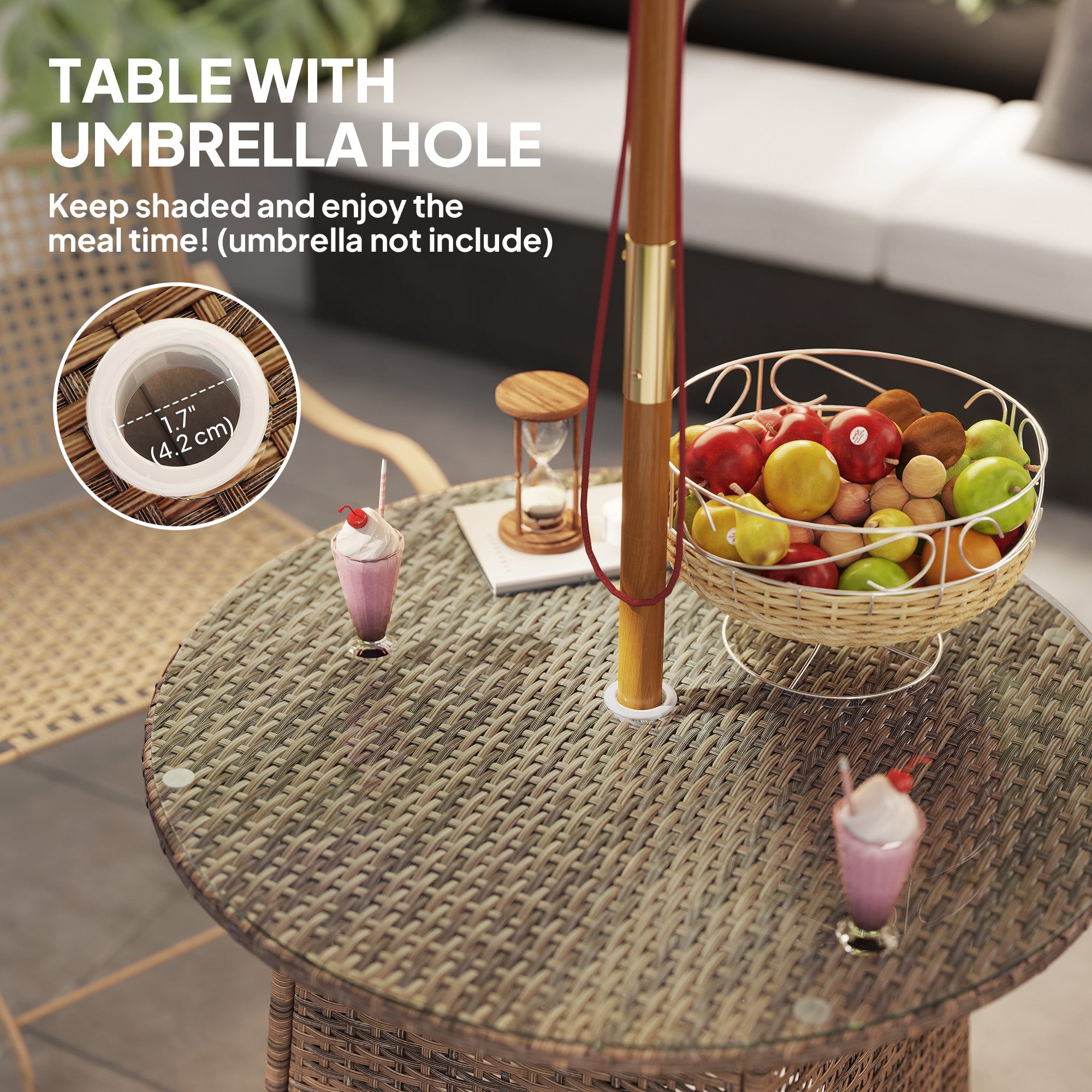 Outsunny Wicker Garden Rattan Table, Patio Furniture Outdoor Coffee Table with Umbrella Hole and Tempered Glass Top, Brown