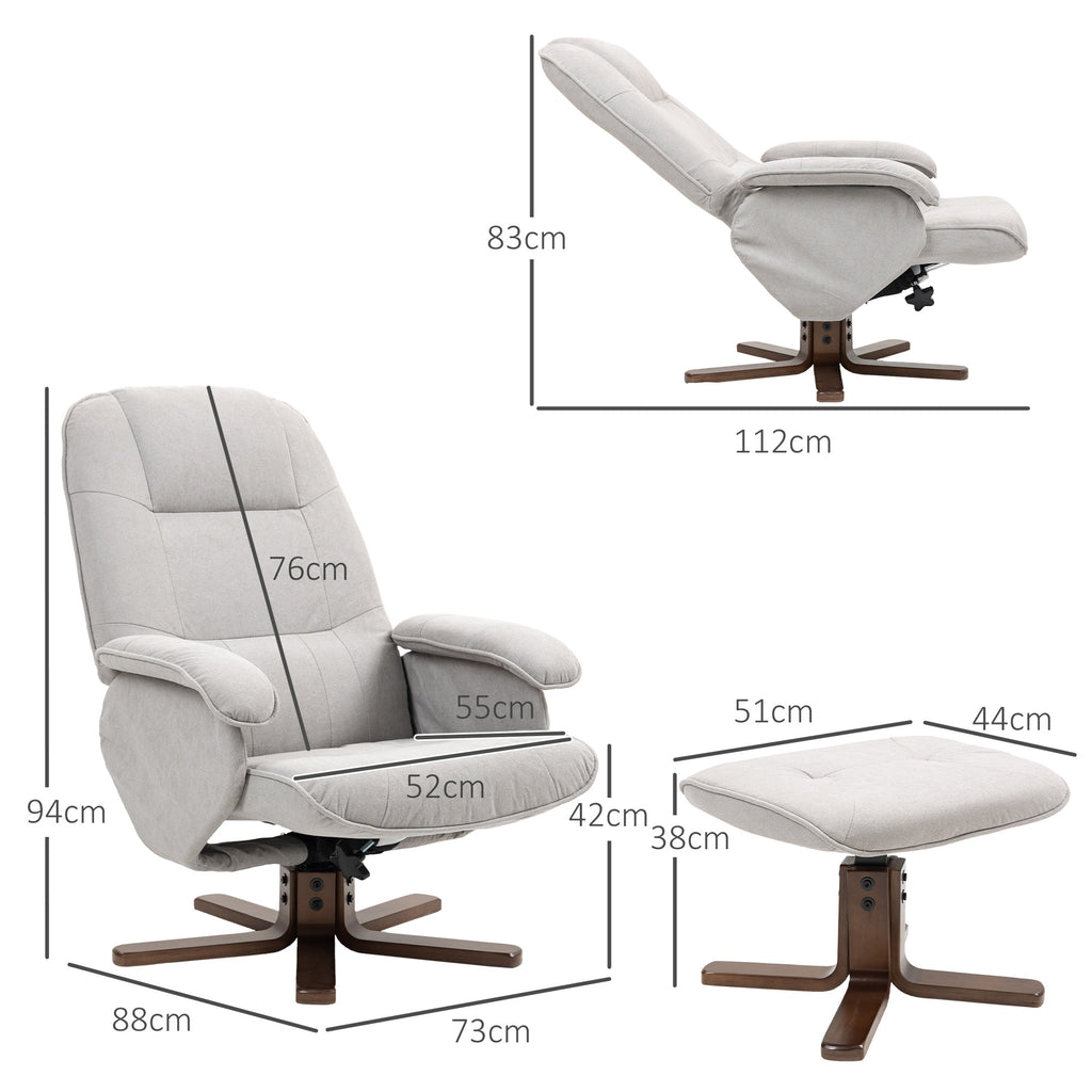 HOMCOM Linen Swivel Recliner Chair with Footstool, Upholstered Reclining Armchair with Wooden Base for Living Room, Light Grey