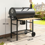 Outsunny Charcoal Grill, Barrel BBQ Smoker with Warming Rack, Charcoal BBQ Grill with Foldable Shelves, Natural Wood and Black