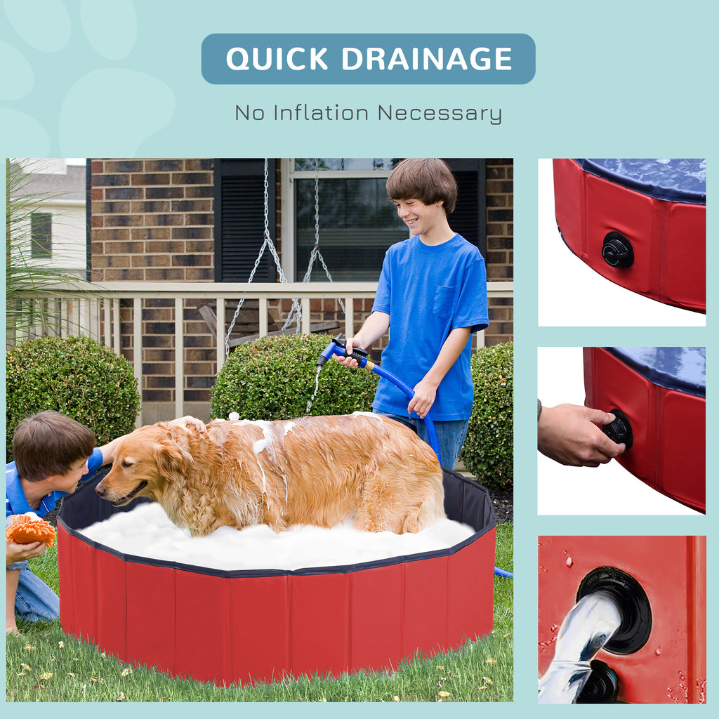 PawHut Dog Paddling Pool, Foldable Dog Pool, Leakproof & Hard Plastic, Portable Pet Bathtub with Non-Slip Base & Drainage Hole, for Indoors, Outdoors, Garden, Patio, 120 x 30 cm, Red
