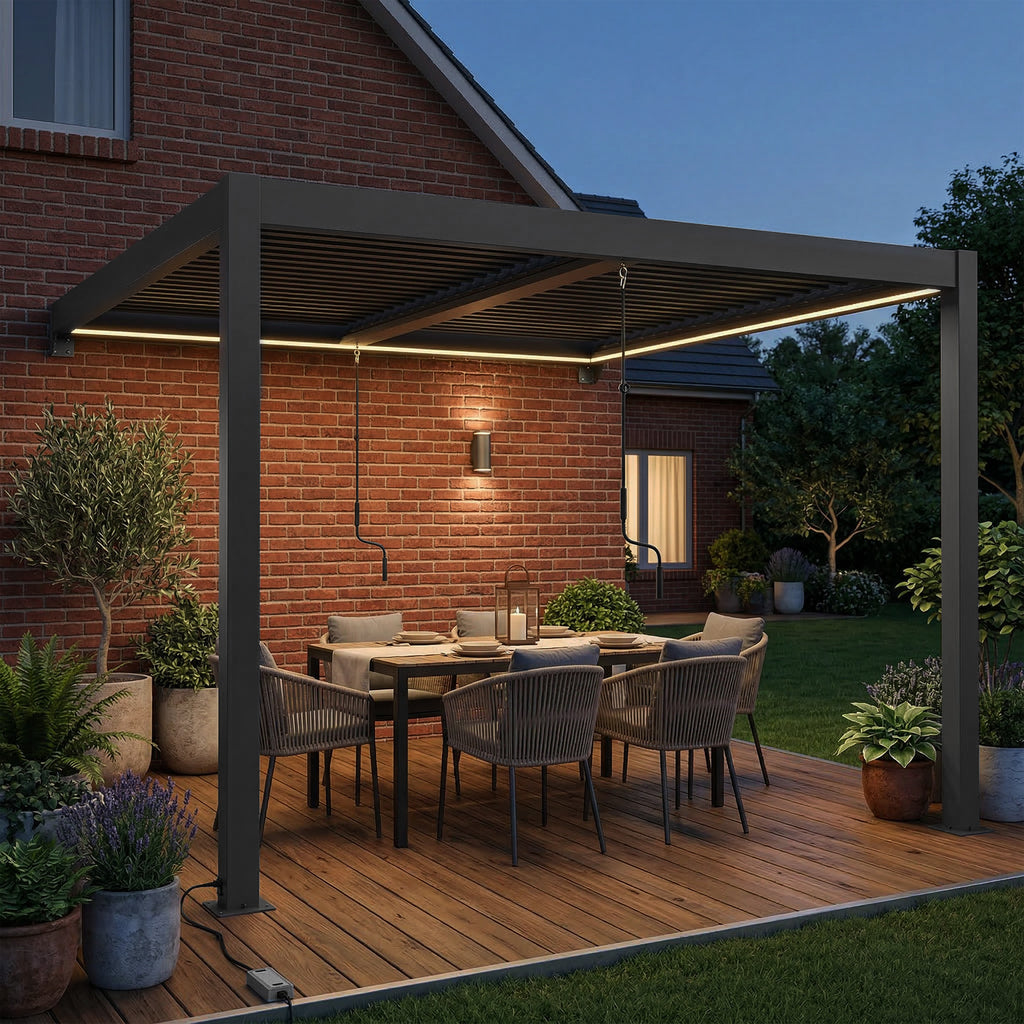 Outsunny 3 x 3 m Louvered Pergola with LED Lights, Metal Louvres, Wall Mounted Aluminium Patio Gazebo Pergola, Dark Grey