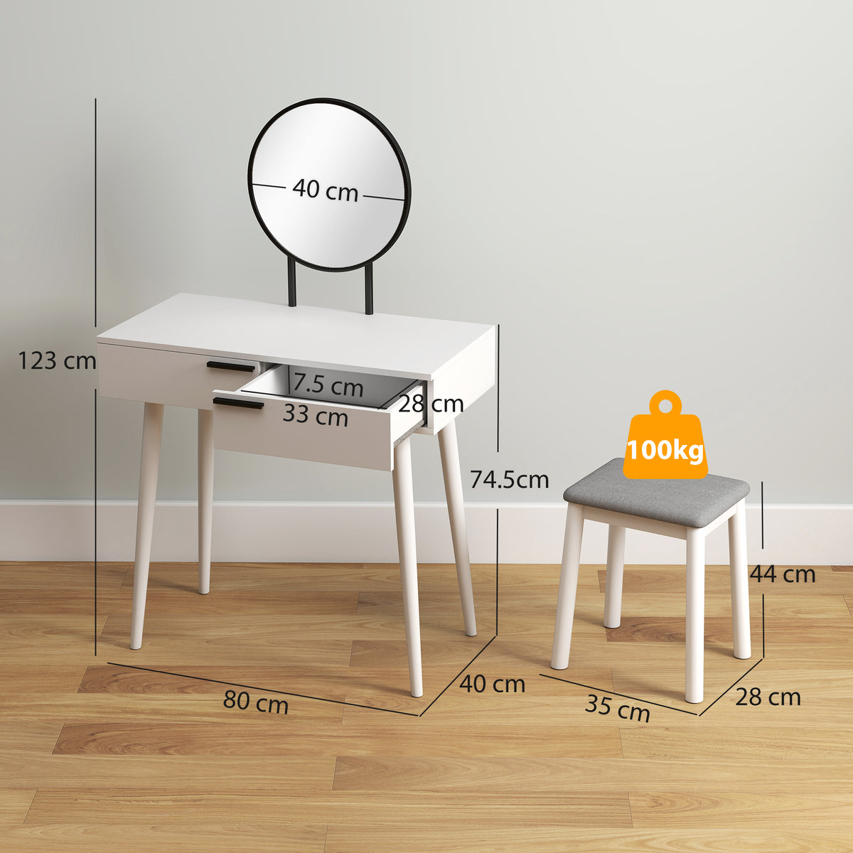 Modern Dressing Table with Round Mirror and Stool, Makeup Vanity Table with 2 Drawers for Bedroom, Living Room, 80 x 40 x 123 cm, White