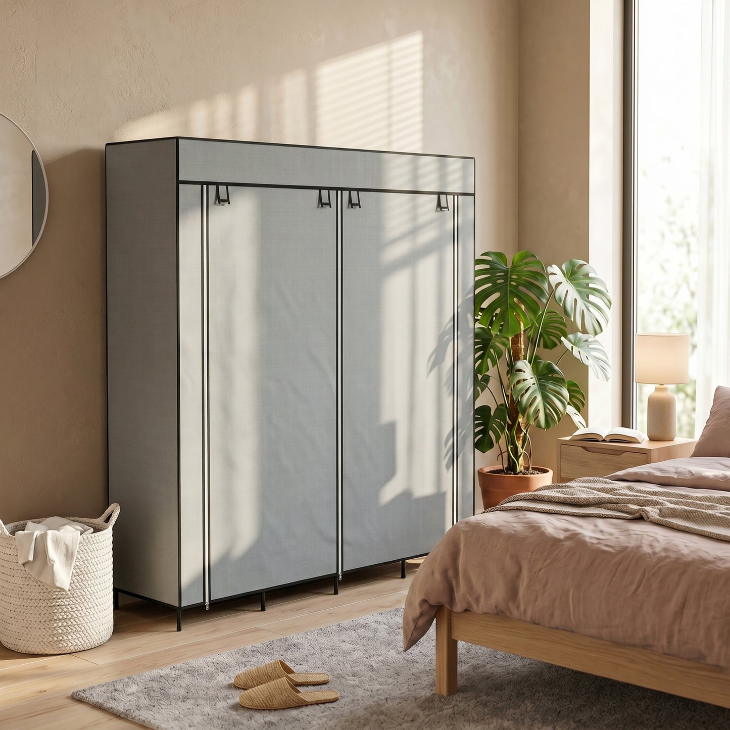 Fabric Wardrobe for Bedroom, Portable Cloth Wardrobe with 10 Compartments, 2 Hanging Rails and 4 Fabric Drawers, 166 x 42.5 x 169.5cm, Dark Grey