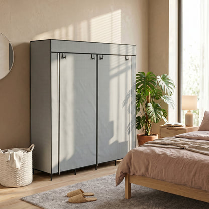 Fabric Wardrobe for Bedroom, Portable Cloth Wardrobe with 10 Compartments, 2 Hanging Rails and 4 Fabric Drawers, 166 x 42.5 x 169.5cm, Dark Grey