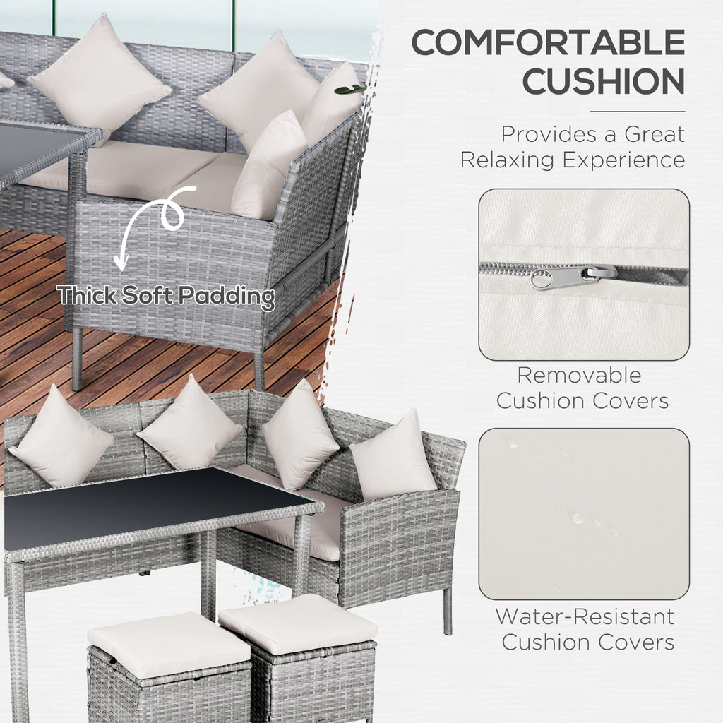 Outsunny 6-Seater Rattan Dining Set Sofa Table Footstool Outdoor w/ Cushion Garden Furniture