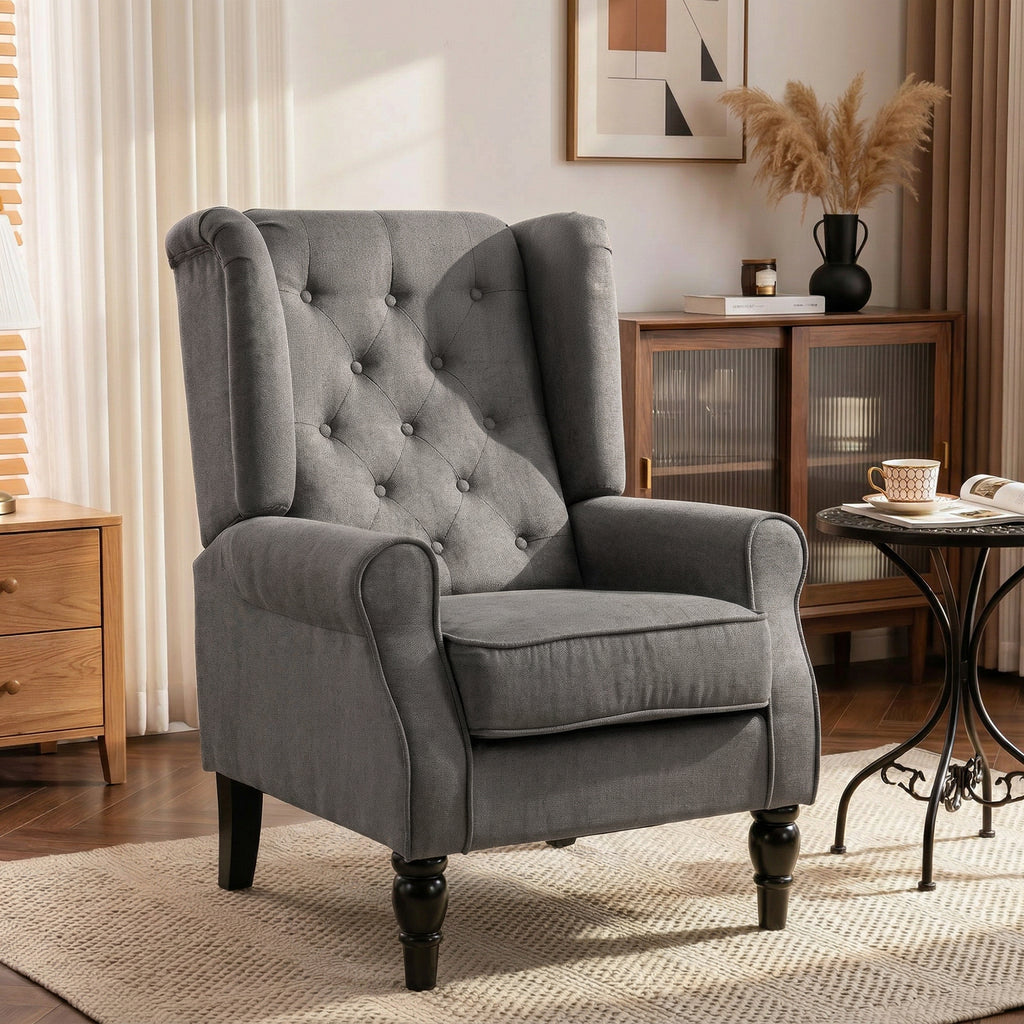 HOMCOM Wingback Accent Chair, Snow Flannel Armchair with Thick Spring Cushion, High Back, Solid Wood Legs, Retro Button Tufted Reading Chair for Living Room, Bedroom, Dark Grey