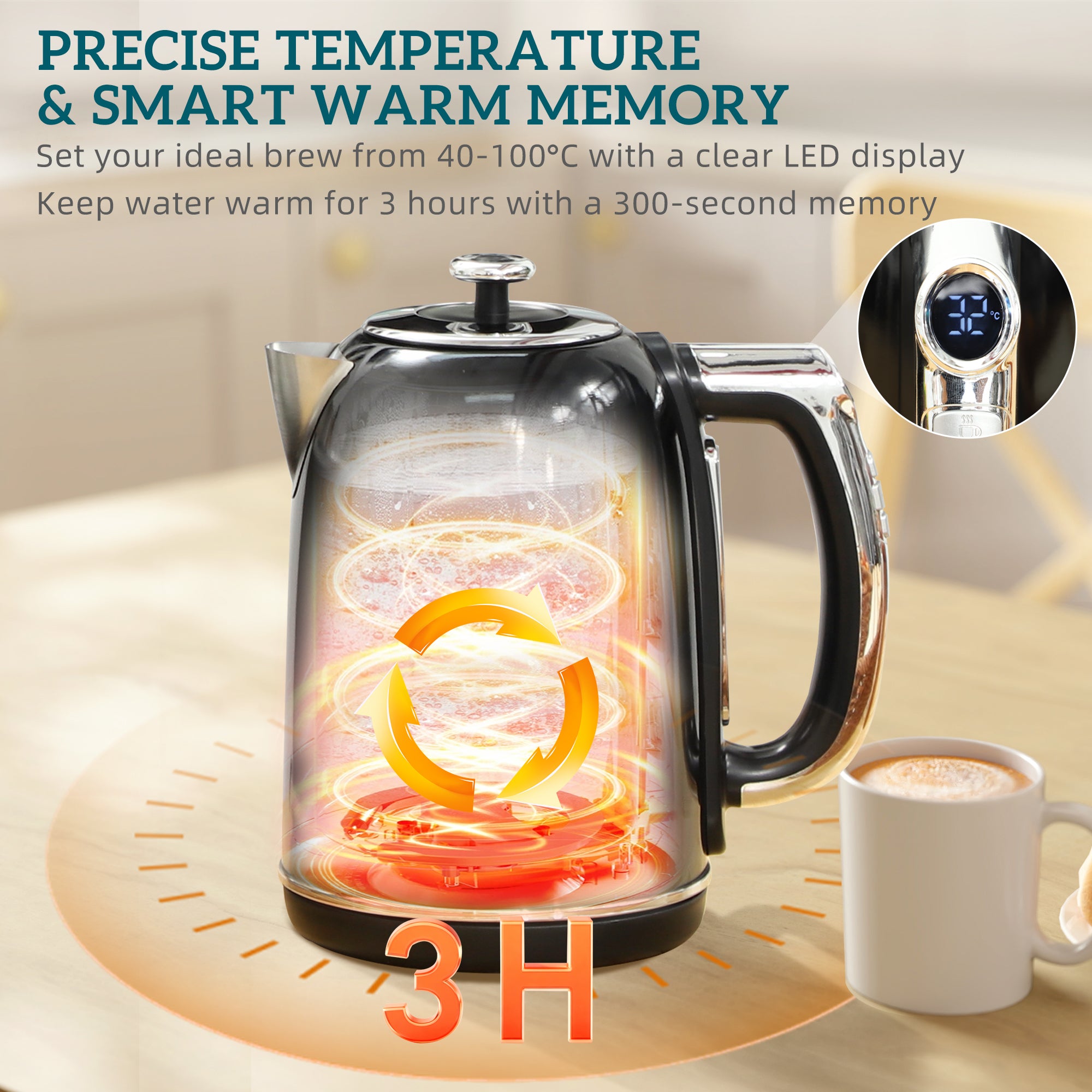 Polished Retro 40-100°C Kettle and Toaster Set - Black