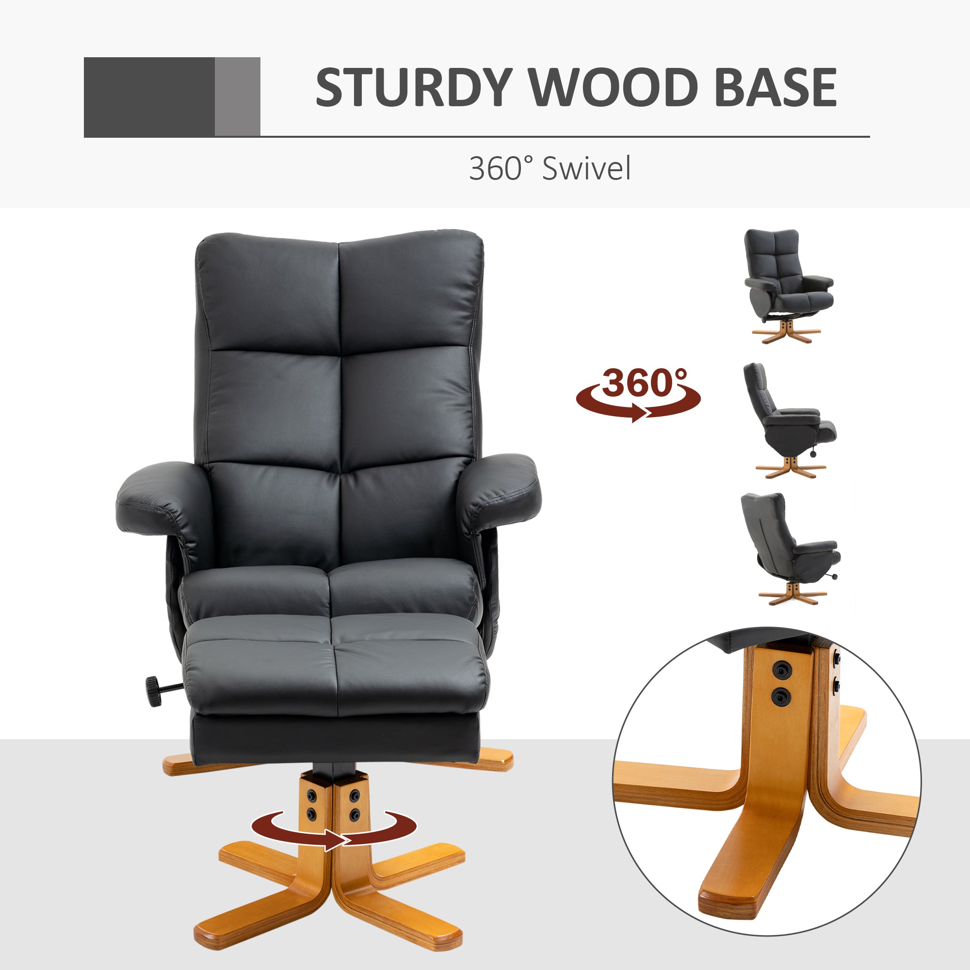 HOMCOM PU Leather Swivel Recliner Chair with Footstool, Wooden Base and Storage for Living Room, Black