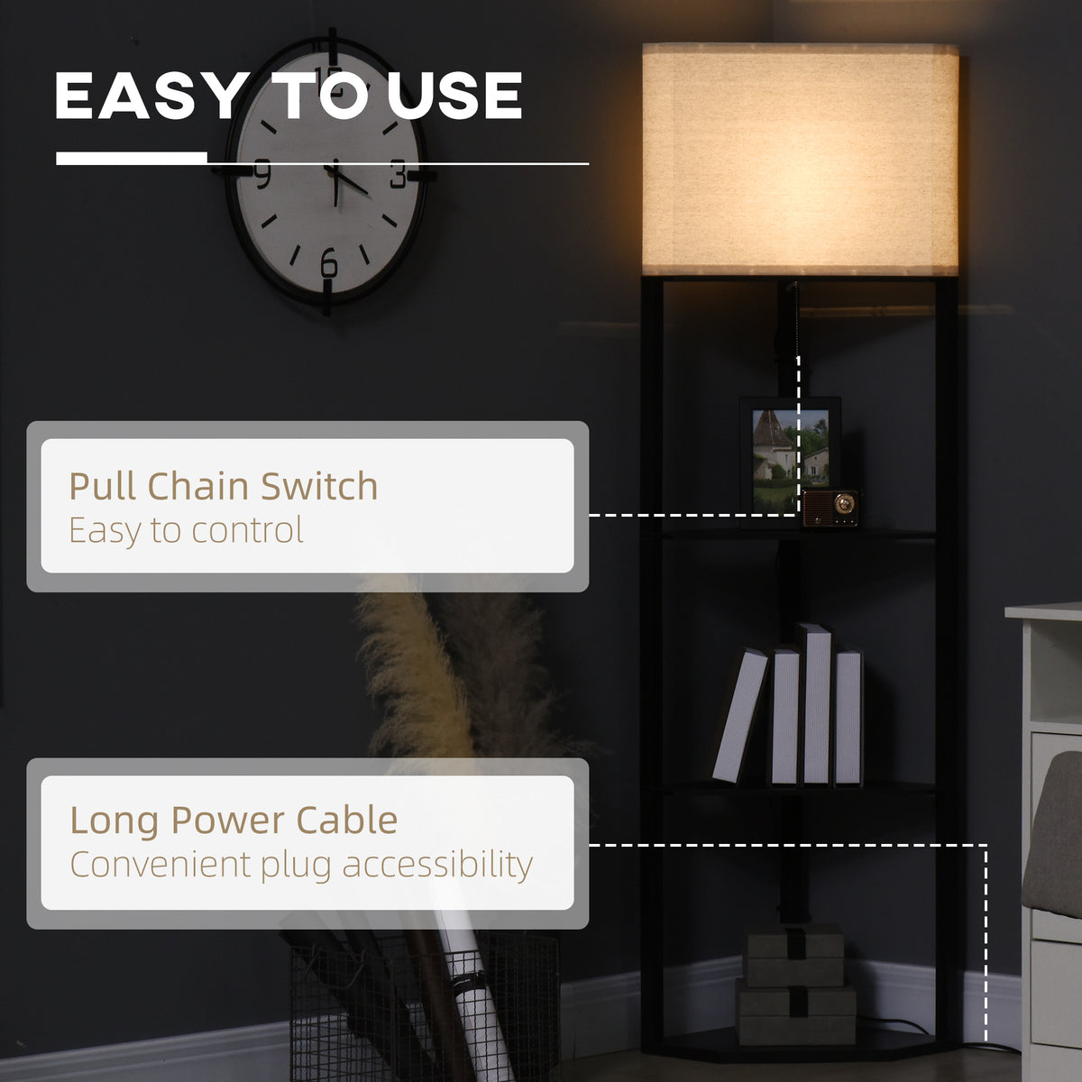 Corner Floor Lamp with Shelves, Tall Standing Lamps for Living Room, with Pull Chain Switch Bulb not Included, Black