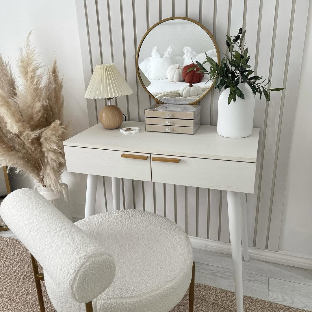 Elegant Dressing Table, with Round Mirror, 80 x 40 x 123 cm - White