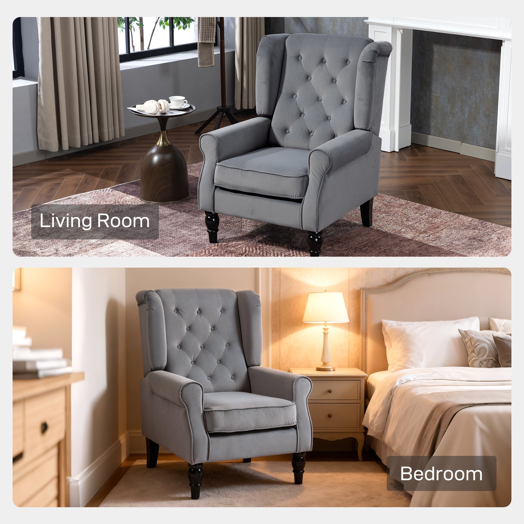 HOMCOM Wingback Accent Chair, Retro Upholstered Button Tufted Occasional Chair for Living Room and Bedroom, Light Grey