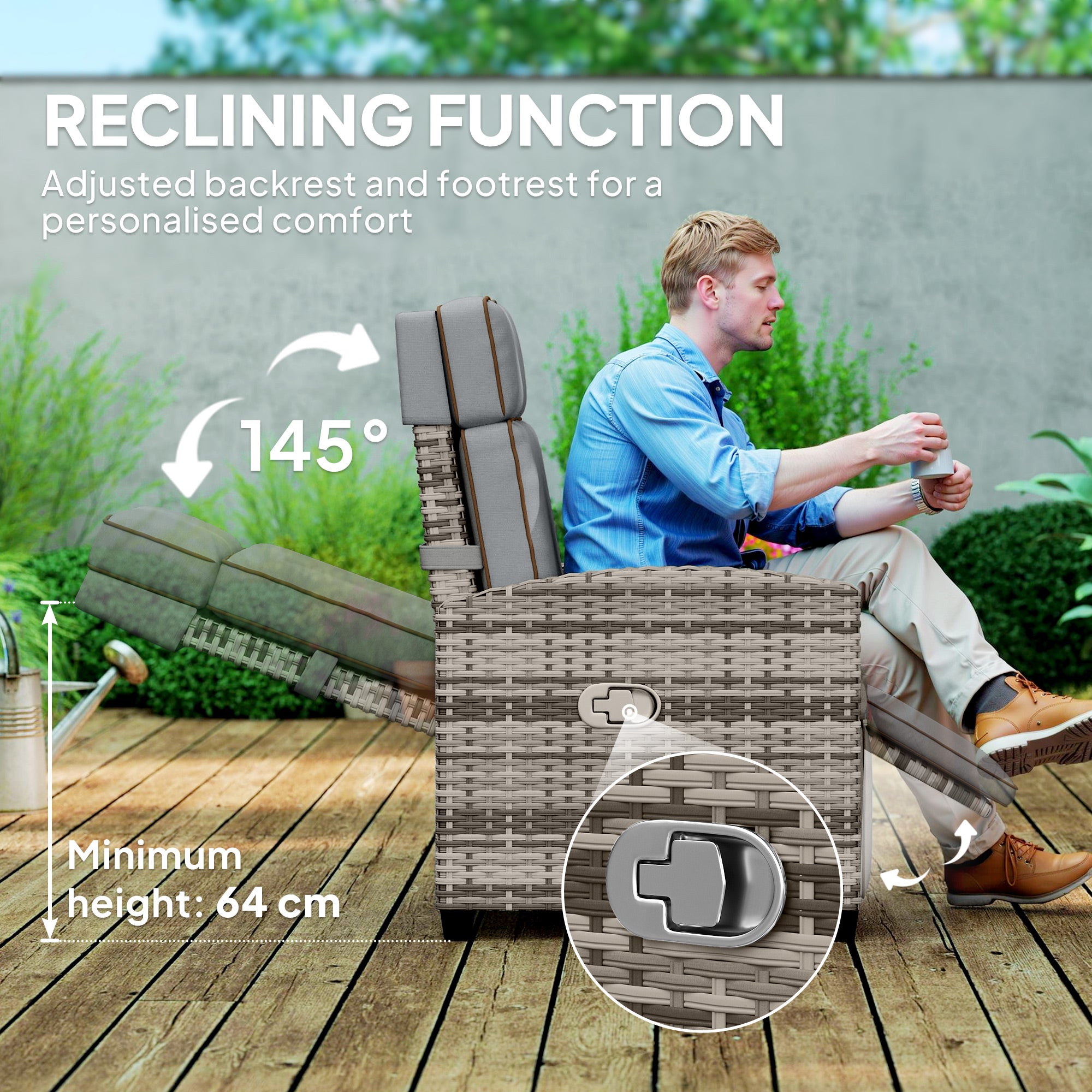 Outsunny 145° Reclining Rattan Armchair with Footrest - Mixed Grey