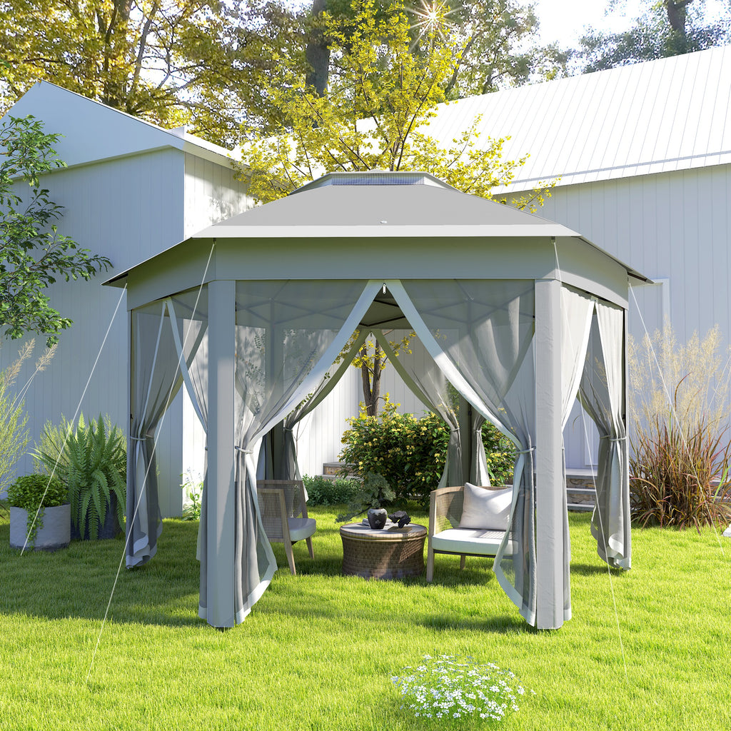Outsunny 3 x 4m Garden Gazebo Hexagon Pop Up Gazebo Party Tent Canopy Double Roof Instant Shelter with Netting and Carry Bag for Outdoor Patio, Dark Grey