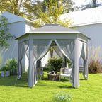 Outsunny 3 x 4m Garden Gazebo Hexagon Pop Up Gazebo Party Tent Canopy Double Roof Instant Shelter with Netting and Carry Bag for Outdoor Patio, Dark Grey
