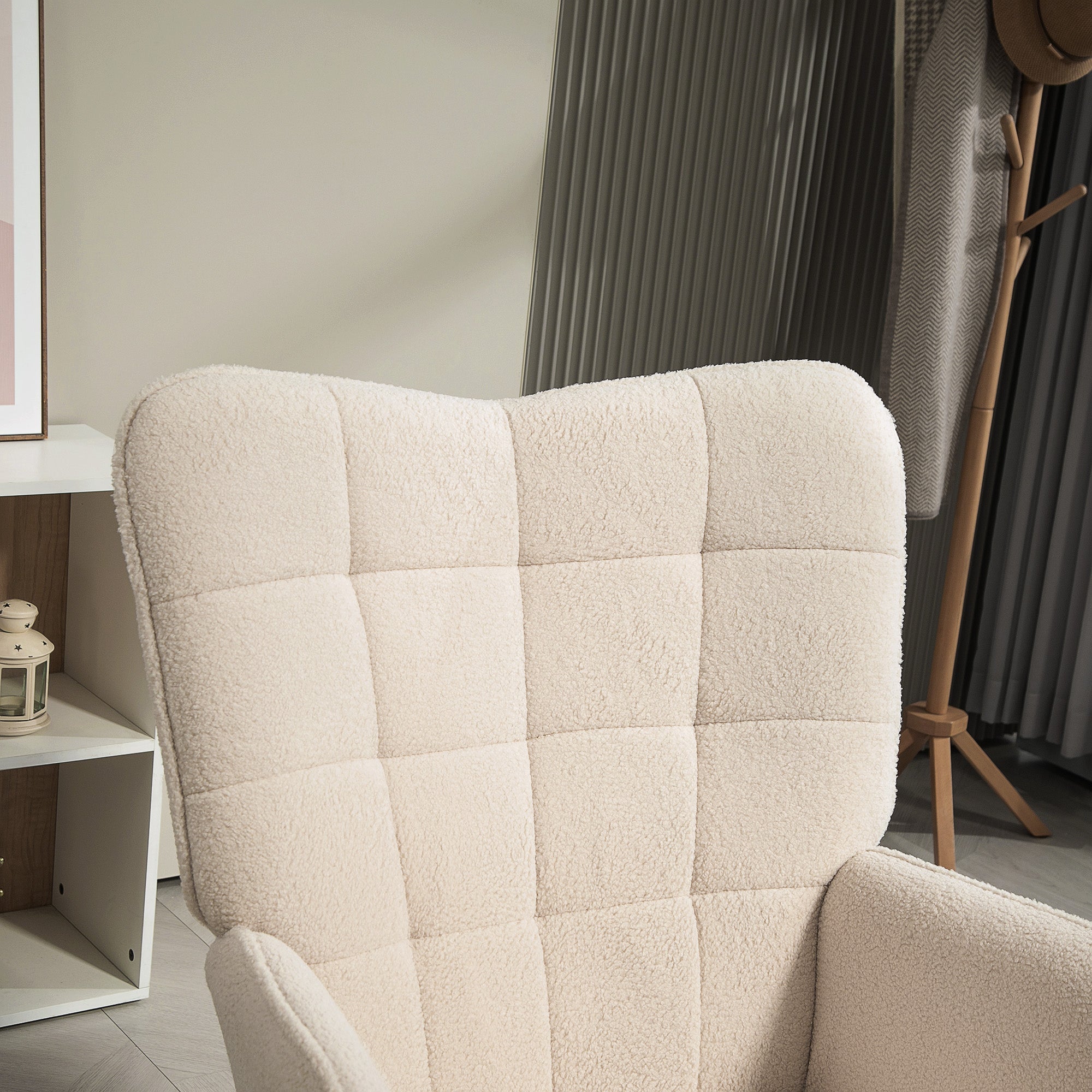HOMCOM Modern Accent Chair, Upholstered High Back Armchair with Tufted Wingback, Seat Padding, Teddy Fleece Leisure Lounge Bedroom Chair with Wood Legs, Cream White