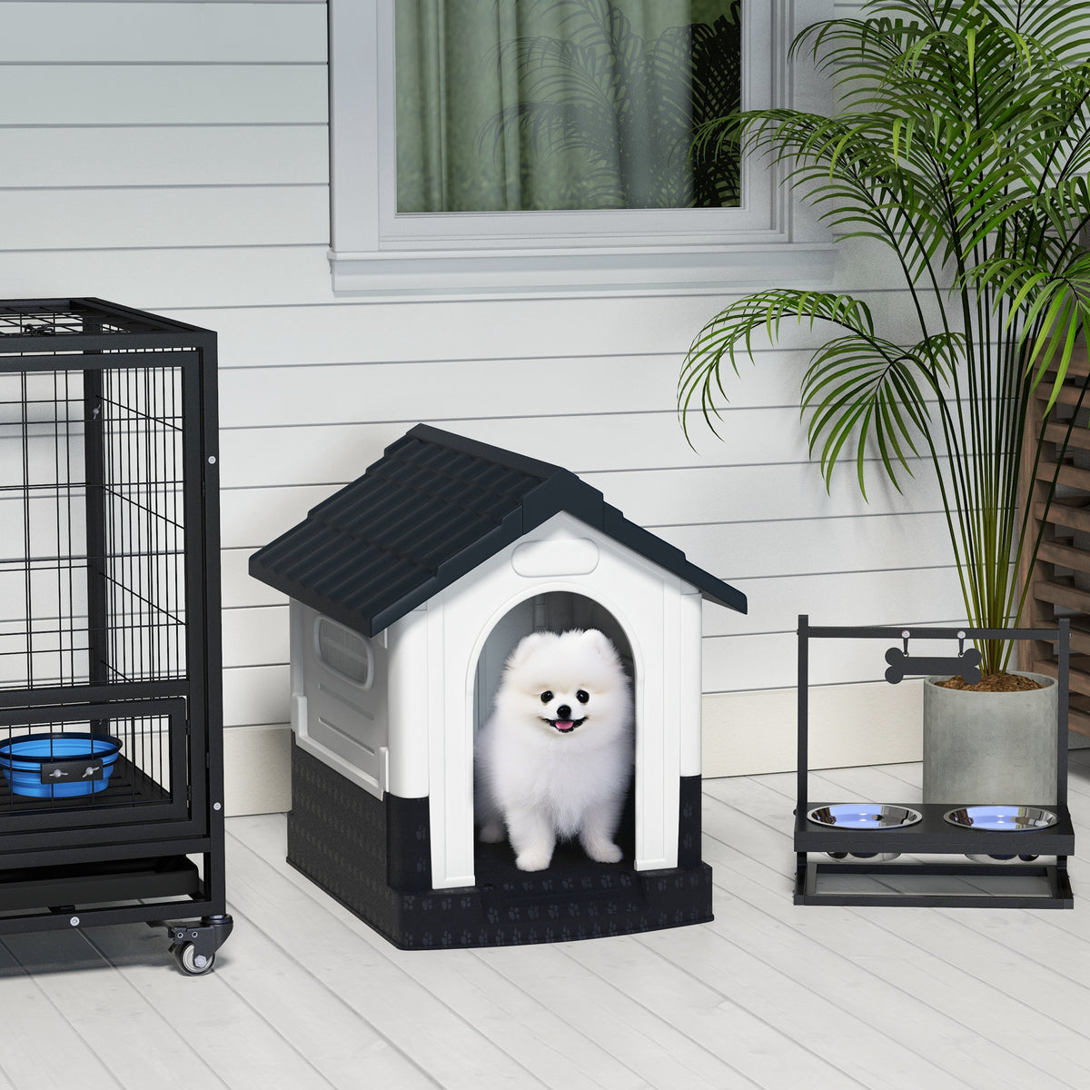 PawHut Plastic Dog Kennel with Windows, for Garden Patio, Miniature Dogs, 64.5 x 57 x 66cm - Grey