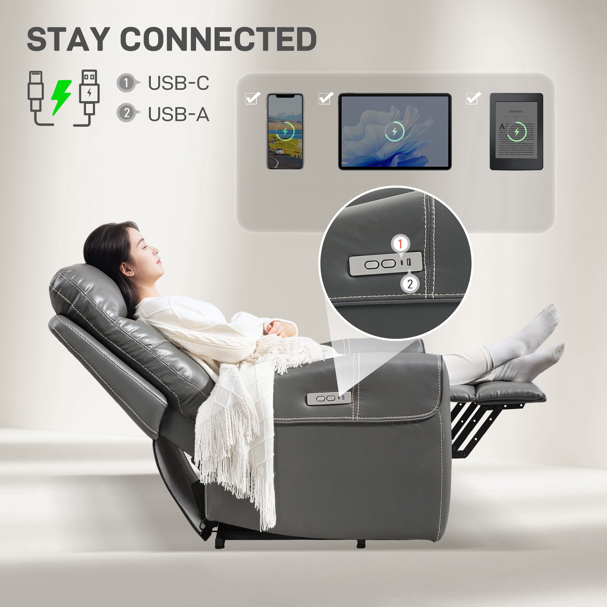 HOMCOM Power Lift Recliner Chair for Elderly, Overstuffed Faux Leather Riser and Reclining Chair with USB A+C Ports, Recliner Armchair for Living Room, Charcoal Grey