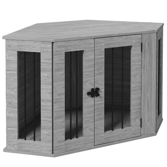 PawHut 2 in 1 Dog Crate Furniture Side Table with Cushion for Medium Dogs, 104 x 55 x 63cm - Grey