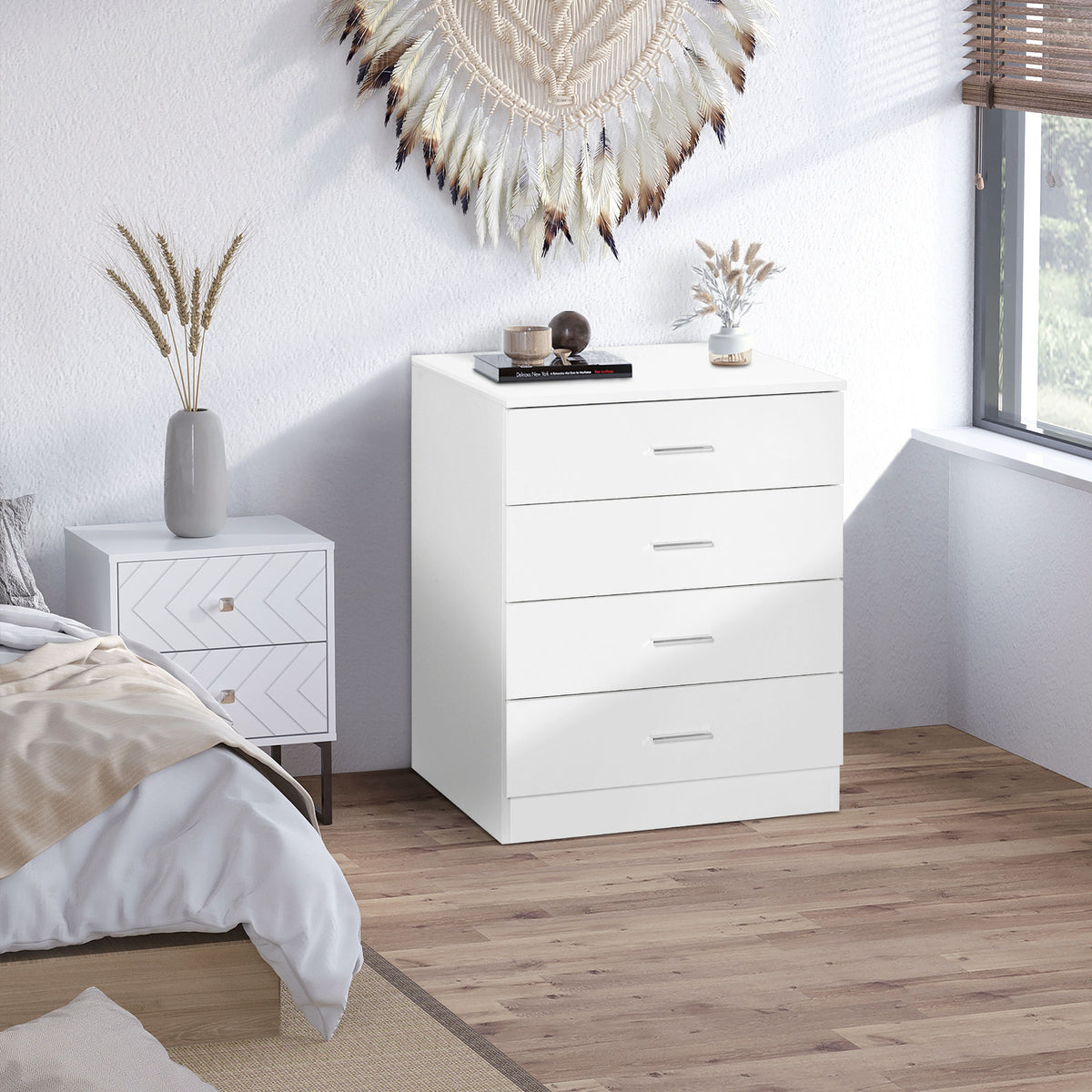Chest of Drawers, 4 Drawers Storage Cabinet with Metal Rails, Anti-Tip for Playroom, Nursery Room, Hallway, etc