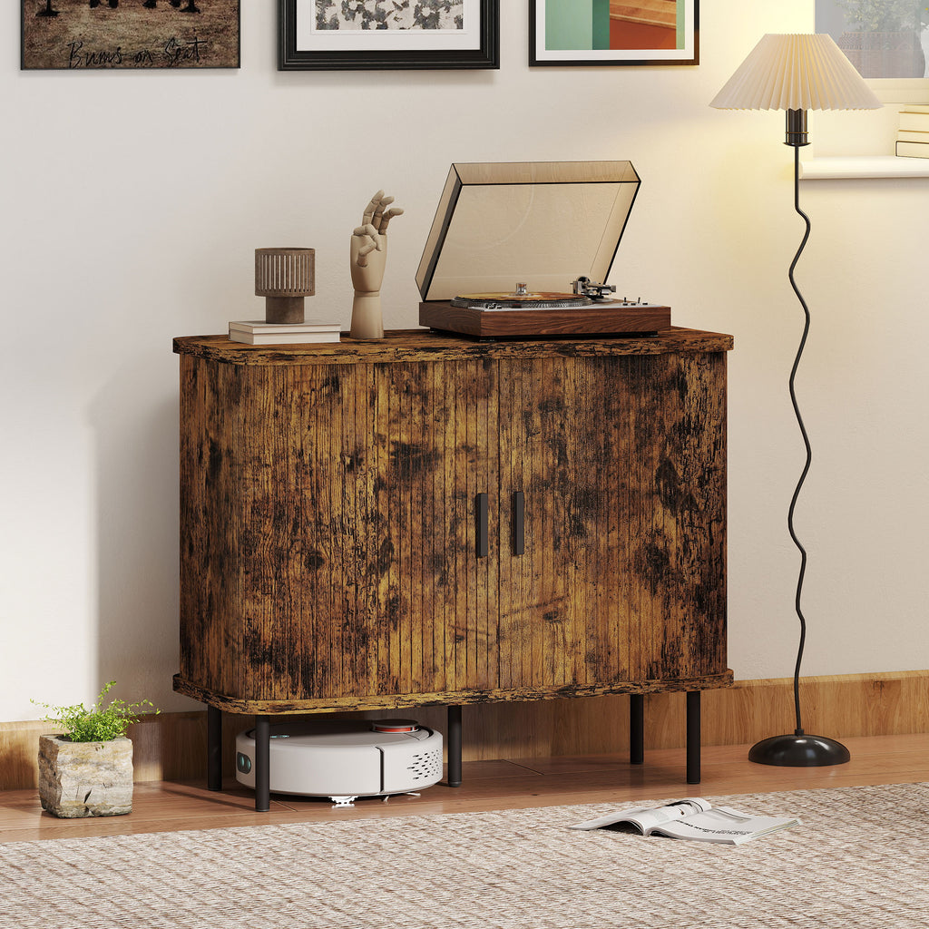 HOMCOM Mid-Century Modern Sideboard Storage Cabinet with Slatted Tambour Sliding Doors, Kitchen Cabinet with Steel Legs, Rustic Brown