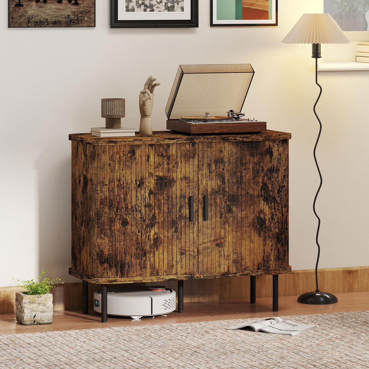 Mid-Century Modern Sideboard Storage Cabinet with Slatted Tambour Sliding Doors, Kitchen Cabinet with Steel Legs, Rustic Brown