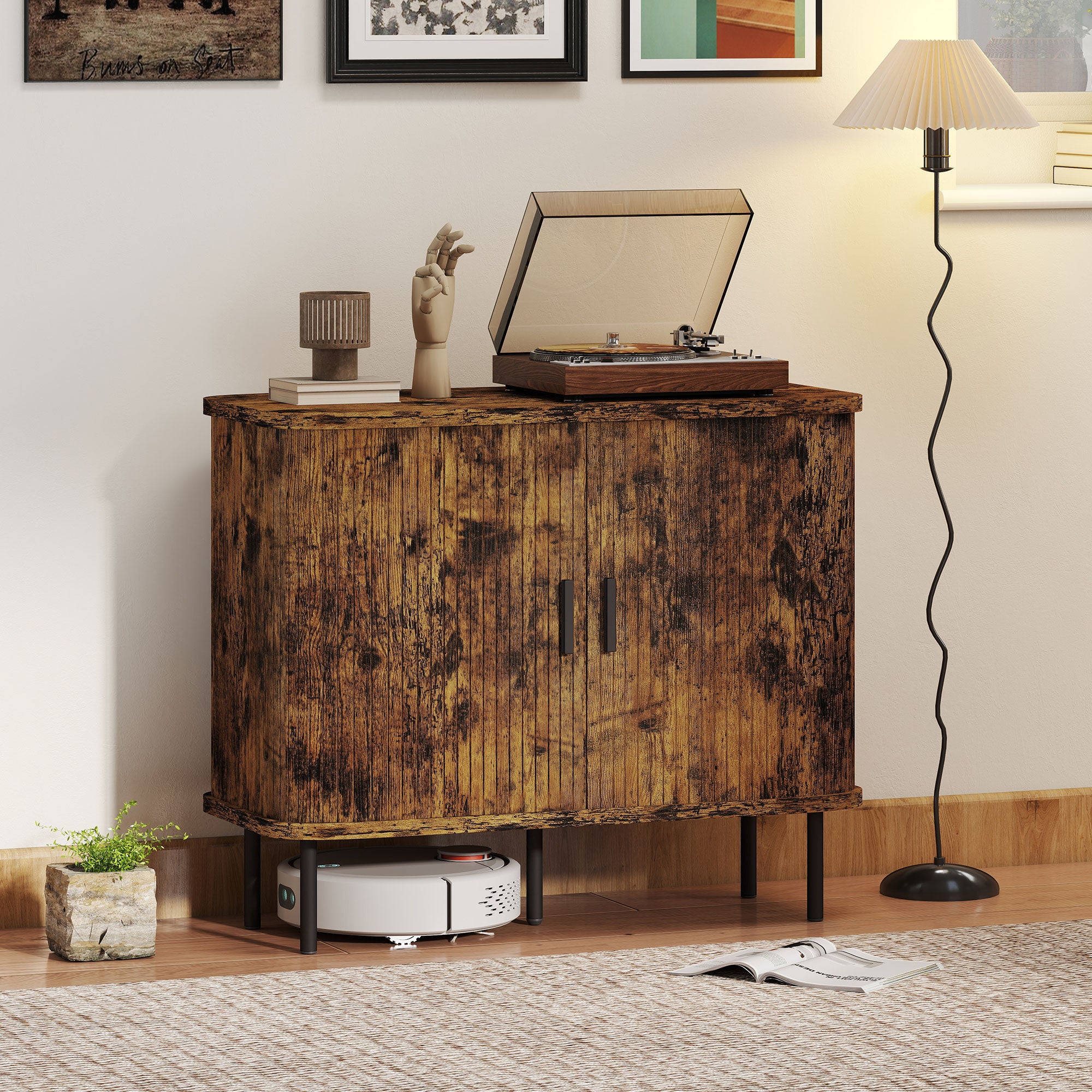 HOMCOM Mid-Century Modern Sideboard Storage Cabinet with Slatted Tambour Sliding Doors, Kitchen Cabinet with Steel Legs, Rustic Brown