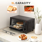 Mini Oven, 9L Countertop Electric Grill, Toaster Oven with Adjustable Temperature, Timer, Dishwasher Safe Baking Tray and Wire Rack, 750W, Black