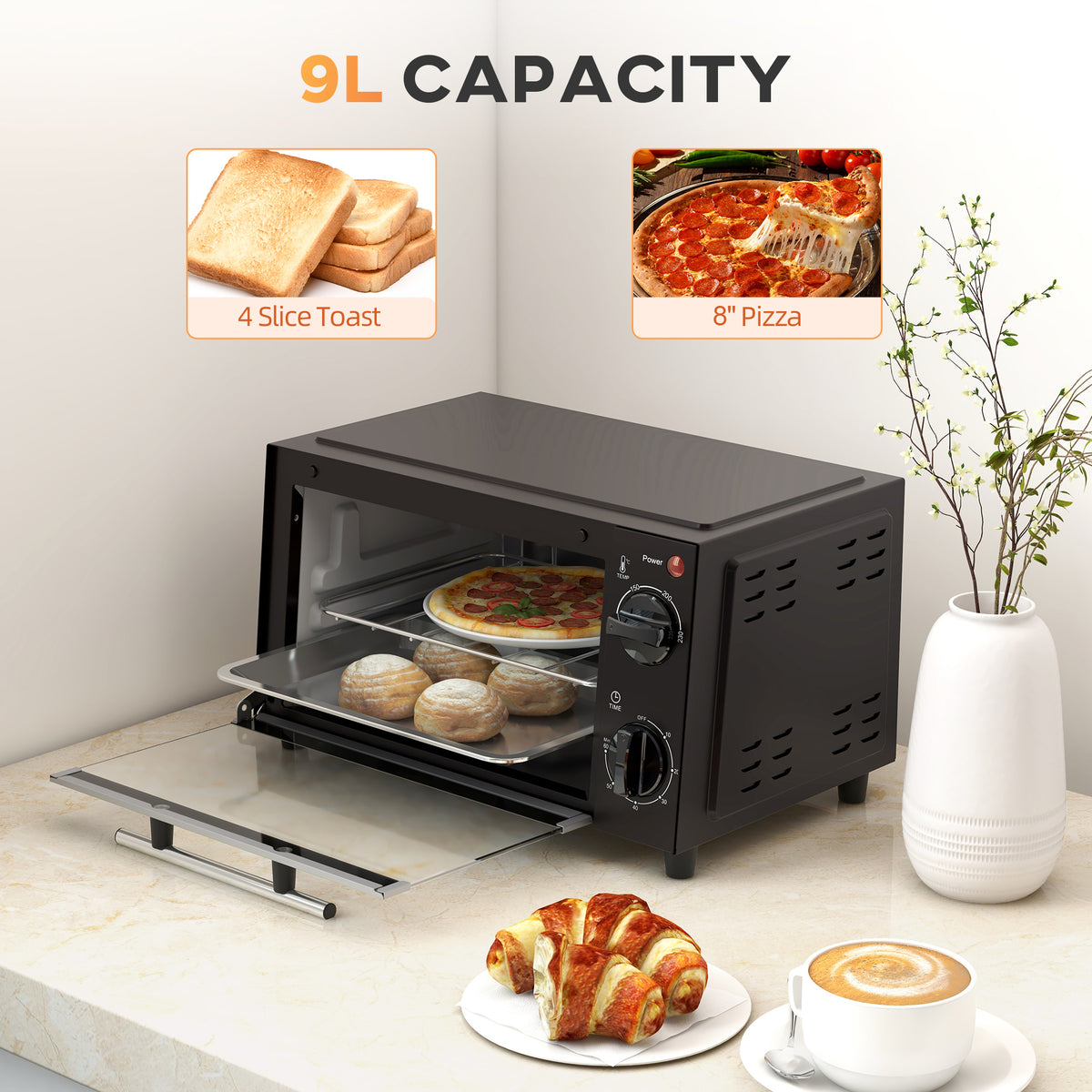 Mini Oven, 9L Countertop Electric Grill, Toaster Oven with Adjustable Temperature, Timer, Dishwasher Safe Baking Tray and Wire Rack, 750W, Black