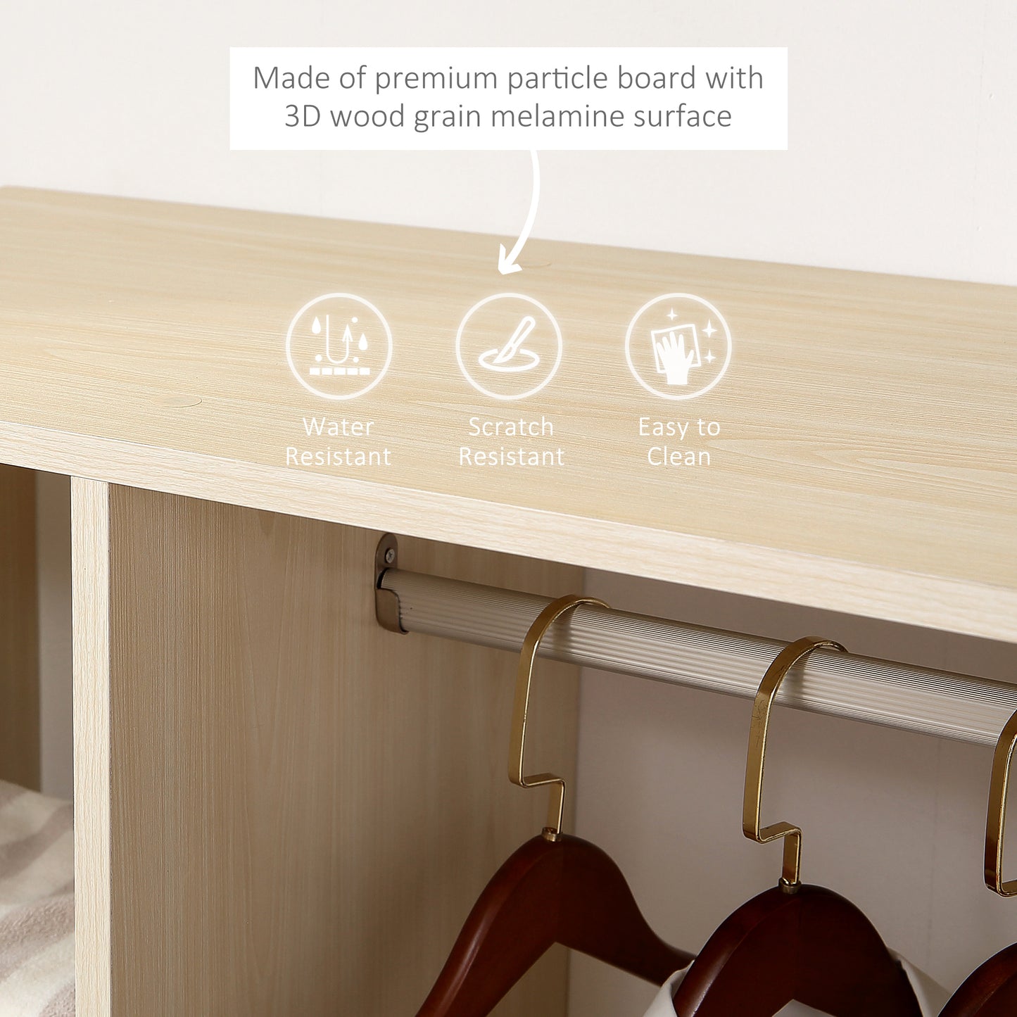 Open Wardrobe on Wheels, Bedroom Wardrobe with Clothes Hanging Rail, 3 Storage Shelves, Mobile Garment Rack for Cloakroom, Hallway, Maple Wood-Effect