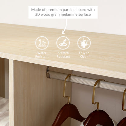 Open Wardrobe on Wheels, Bedroom Wardrobe with Clothes Hanging Rail, 3 Storage Shelves, Mobile Garment Rack for Cloakroom, Hallway, Maple Wood-Effect