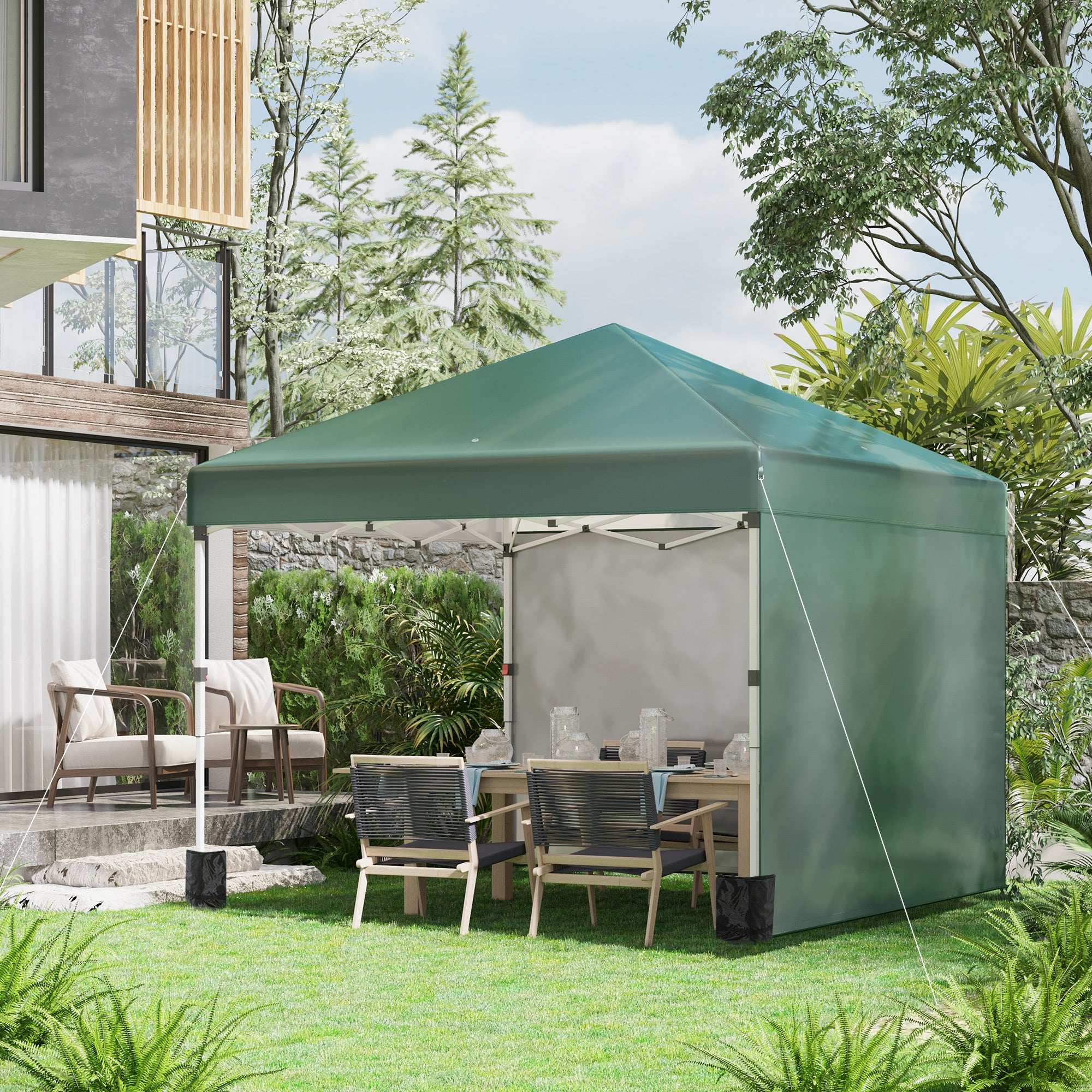 Outsunny 3 x 3 (M) Pop Up Gazebo, UPF 30+ with 2 Sidewalls, Leg Weight Bags and Wheeled Bag, Height Adjustable Party Tent Event Shelter for Garden, Patio, Green