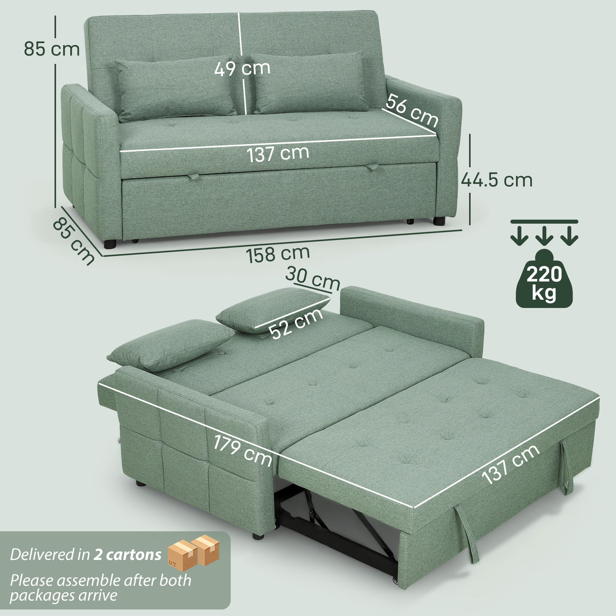 Three-Way 2 Seater Sofa Bed with Three-position back and Two Soft Pillows - Green