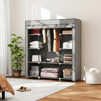Clothes Storage Organiser with Hanging Rail, Shelves, Portable Wardrobe, Foldable Fabric Wardrobe, Light Grey