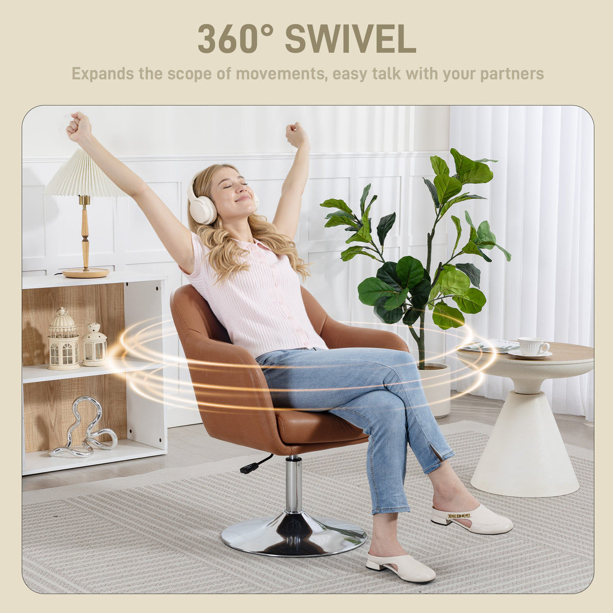 Swivel Accent Chair, Linen Fabric Tub Vanity Chair, Modern Armchair with Adjustable Height and Lumbar Support for Living Room Bedroom Salon Make up Room Dressing Table, Brown