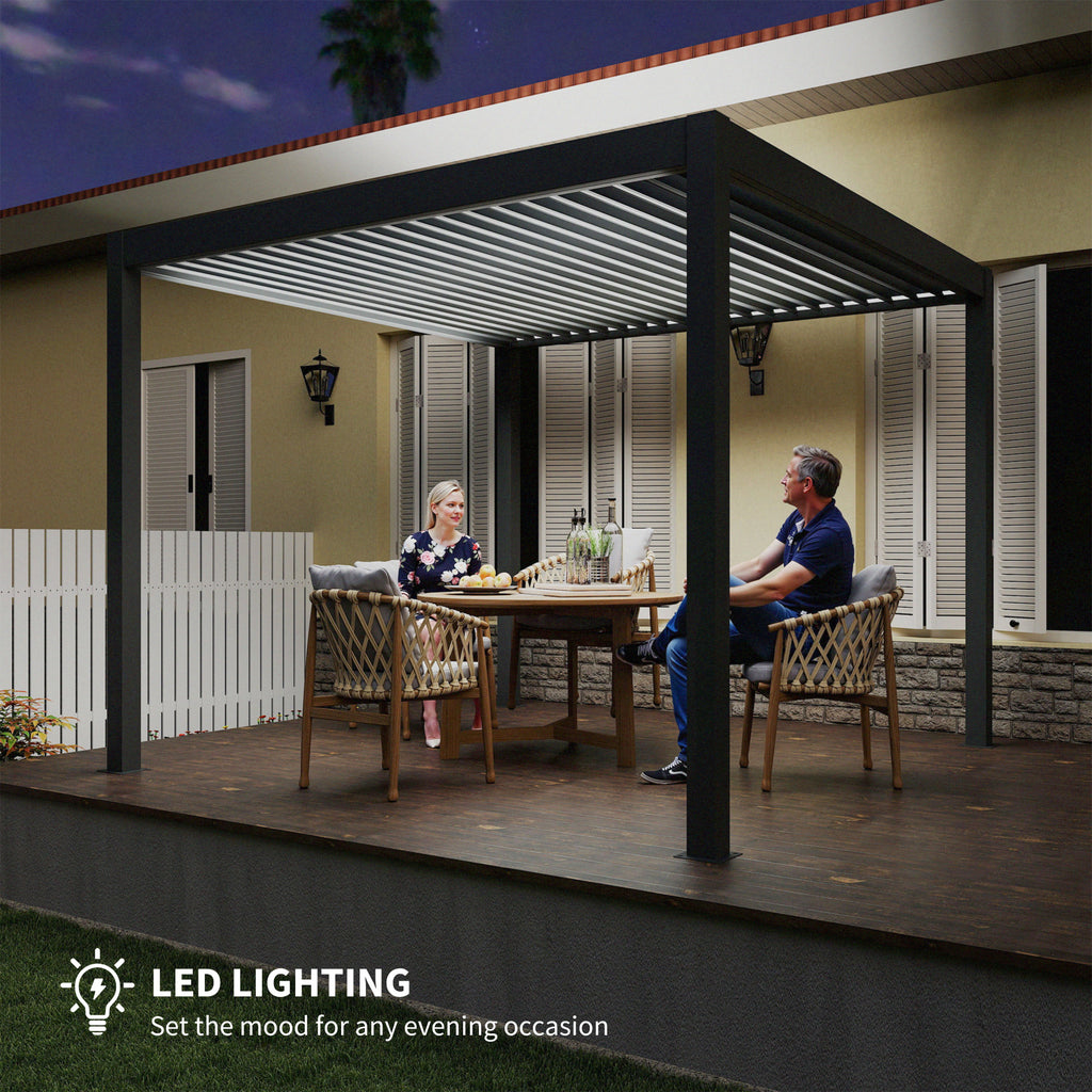 Outsunny 3 x 3(m) Electric Louvered Pergola with LED Lights, Aluminium Pergola Hardtop Gazebo with Remote, Adjustable Roof and Drainage System, Water and UV Proof