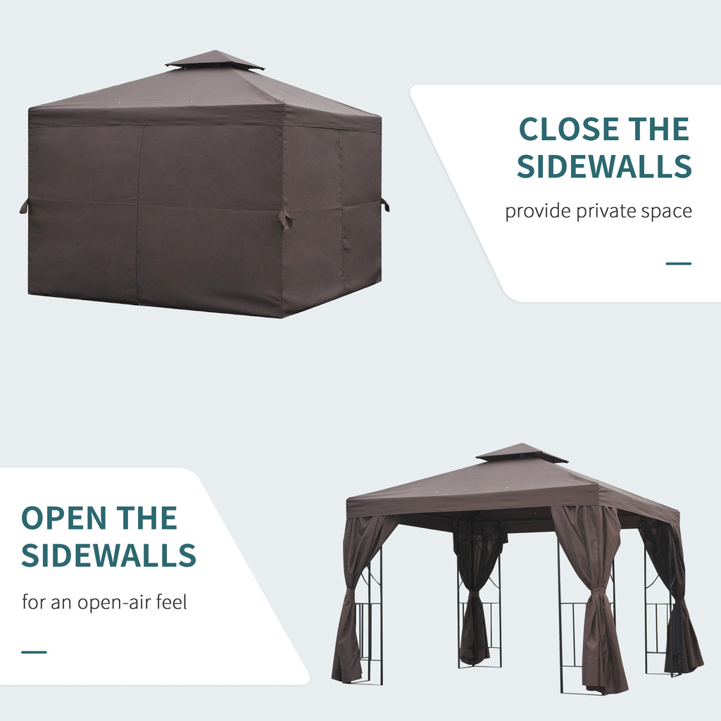 Outsunny 3 x 3 m Garden Gazebo Double Roof Marquee Patio Wedding Party Tent Canopy Shelter with Sidewalls (Brown)