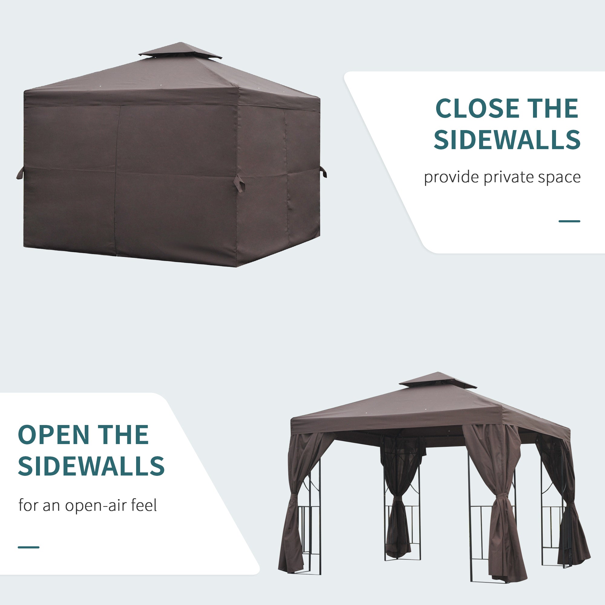 Outsunny 3 x 3 m Garden Gazebo Double Roof Marquee Patio Wedding Party Tent Canopy Shelter with Sidewalls (Brown)