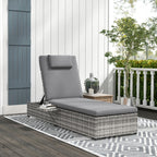 Outsunny Outdoor Patio PE Rattan Lounger with Cushion, 5-Level Reclining Wicker Rattan Sun Lounger with Tea Tray, for Poolside, Patio, Deck, 120kg Weight Capacity, Grey