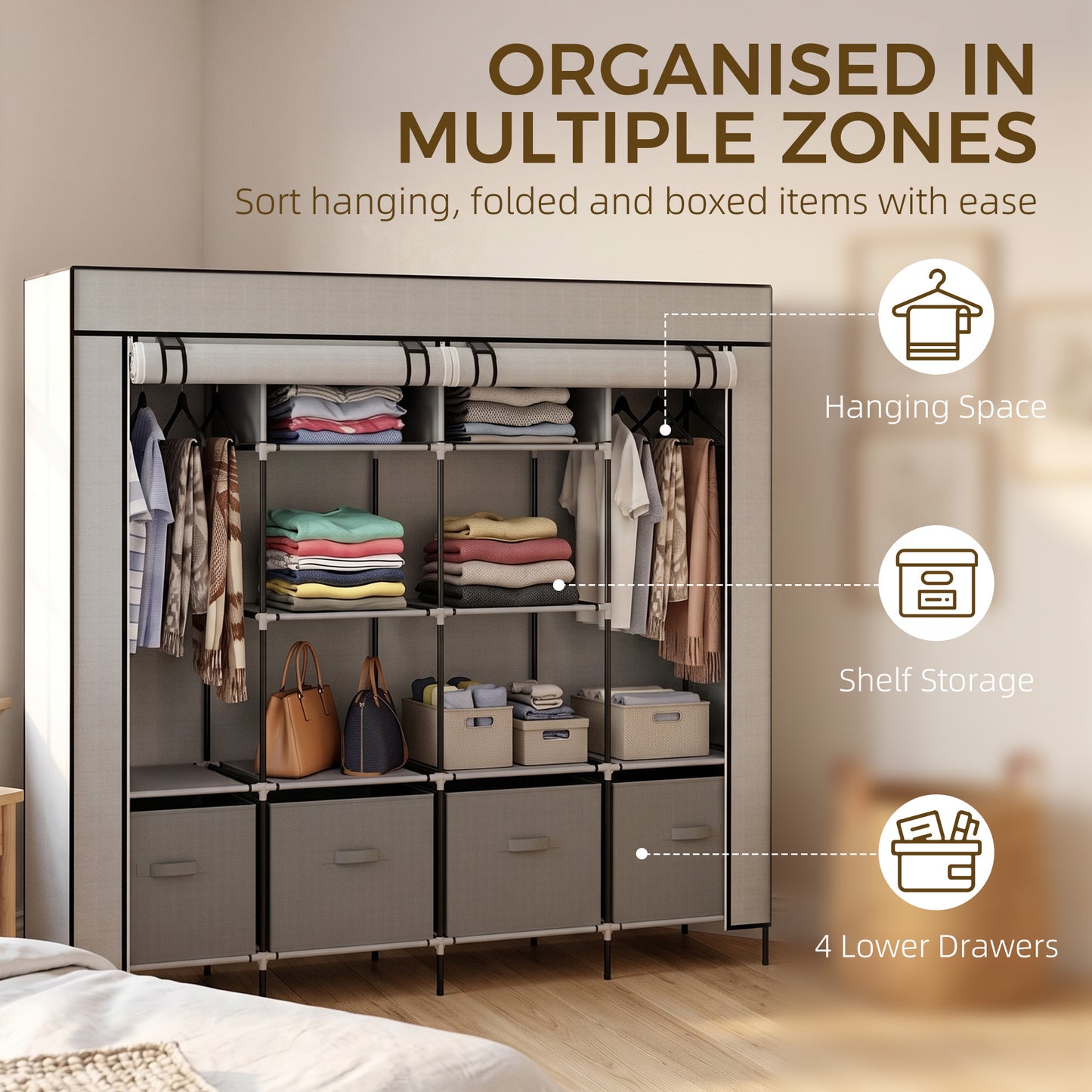 Fabric Wardrobe for Bedroom, Portable Cloth Wardrobe with 10 Compartments, 2 Hanging Rails and 4 Fabric Drawers, 166 x 42.5 x 169.5cm, Dark Grey