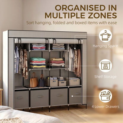 Fabric Wardrobe for Bedroom, Portable Cloth Wardrobe with 10 Compartments, 2 Hanging Rails and 4 Fabric Drawers, 166 x 42.5 x 169.5cm, Dark Grey